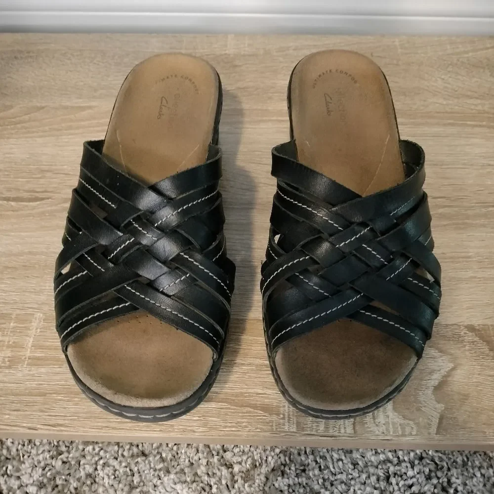 Clarks Black Women's Collection Lexi Selina Slide Leather Sandals Sz 7.5